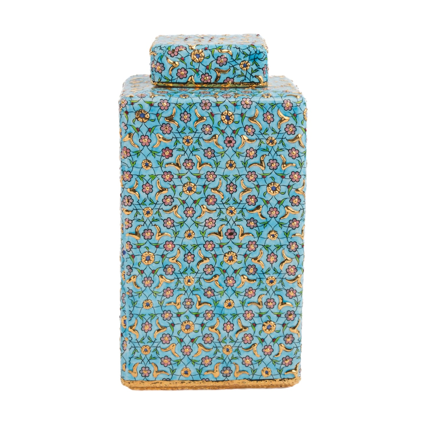 A turquoise ceramic square jar with a hand-painted golden blossom decorative pattern and a matching lid.