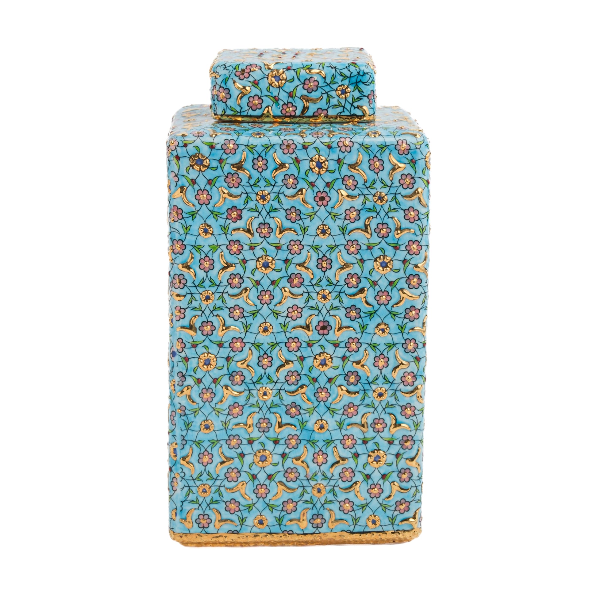 A turquoise ceramic square jar with a hand-painted golden blossom decorative pattern and a matching lid.