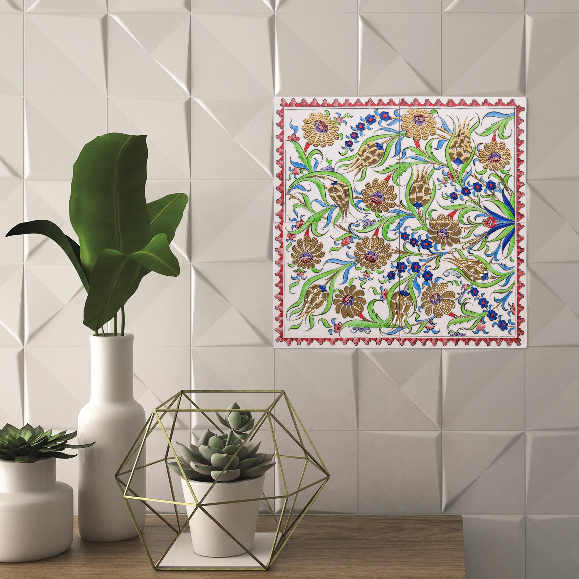 Decorative tablecloth with floral pattern next to potted plants and geometric decor on a ceramic tile
