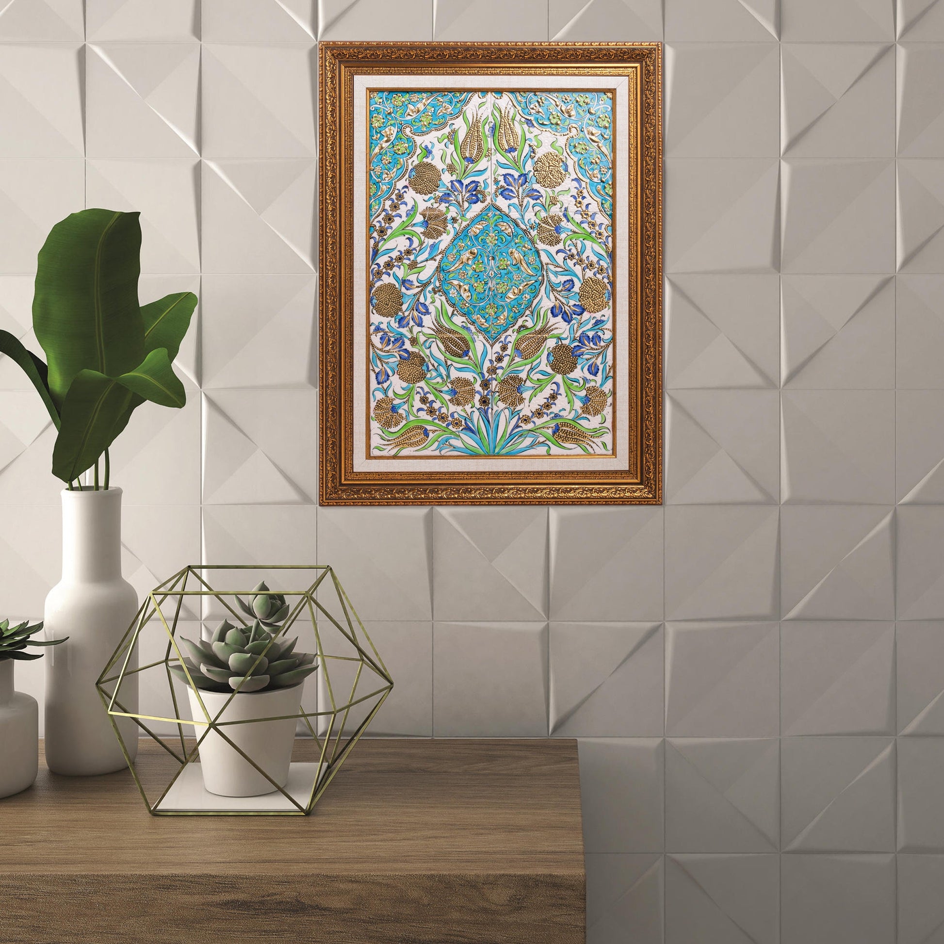 Decorative ceramic tile on a wall with geometric tile design, plants, and a wooden shelf.