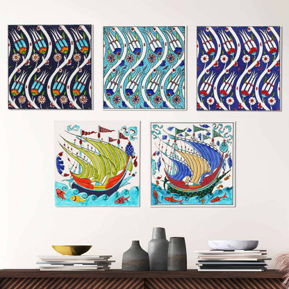 Set of colorful ceramic tiles on a wall above a wooden shelf with decorative items.