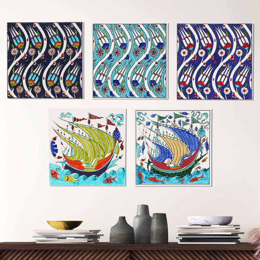 Set of colorful ceramic tiles on a wall above a wooden shelf with decorative items.