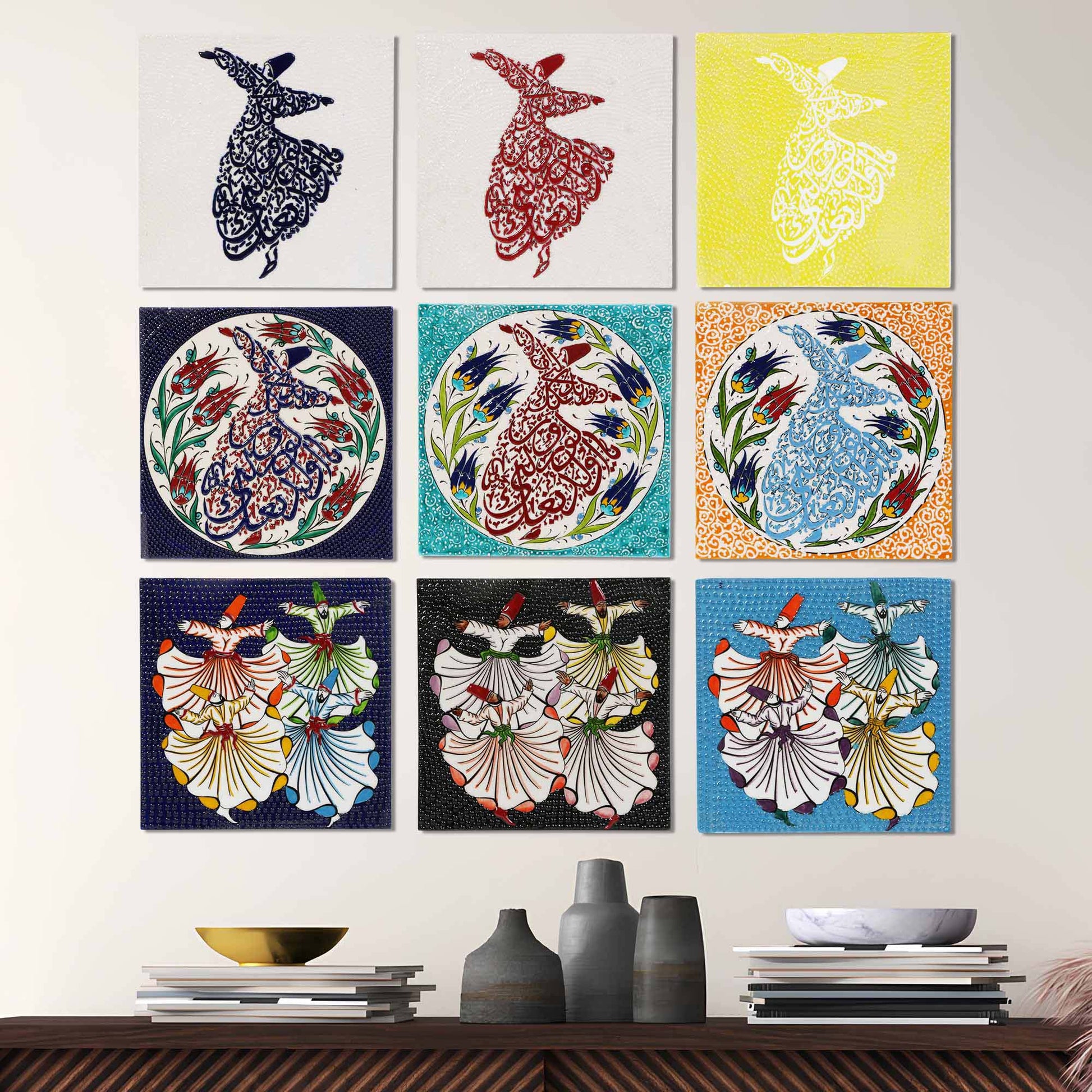 Set of colorful decorative wall tile  featuring abstract designs on a white wall.