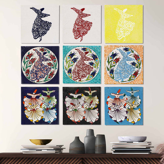 Set of colorful decorative wall tile  featuring abstract designs on a white wall.