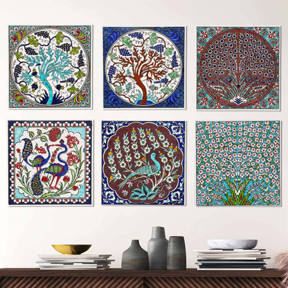 Colorful ceramic tile wall art featuring nature-themed designs on a white wall.