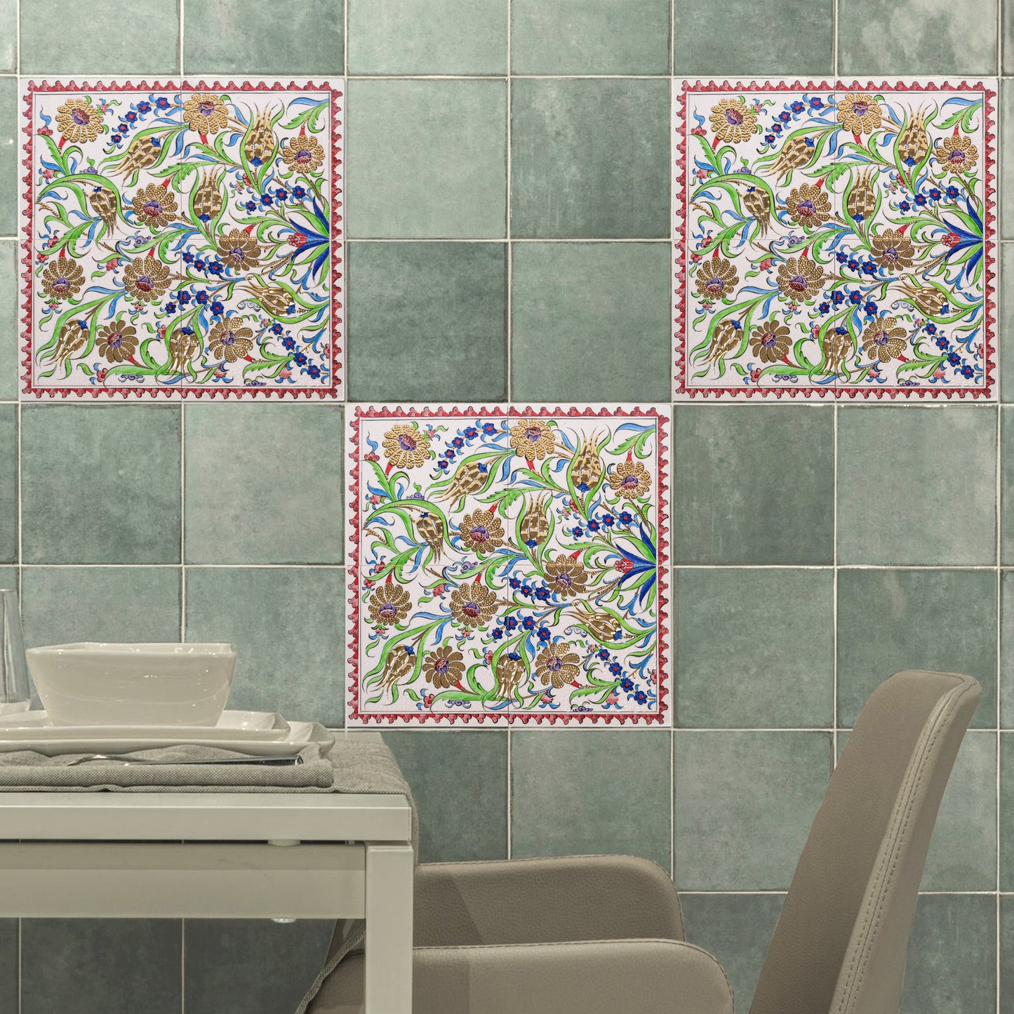 Decorative ceramic tiles with floral patterns on a green tiled wall.