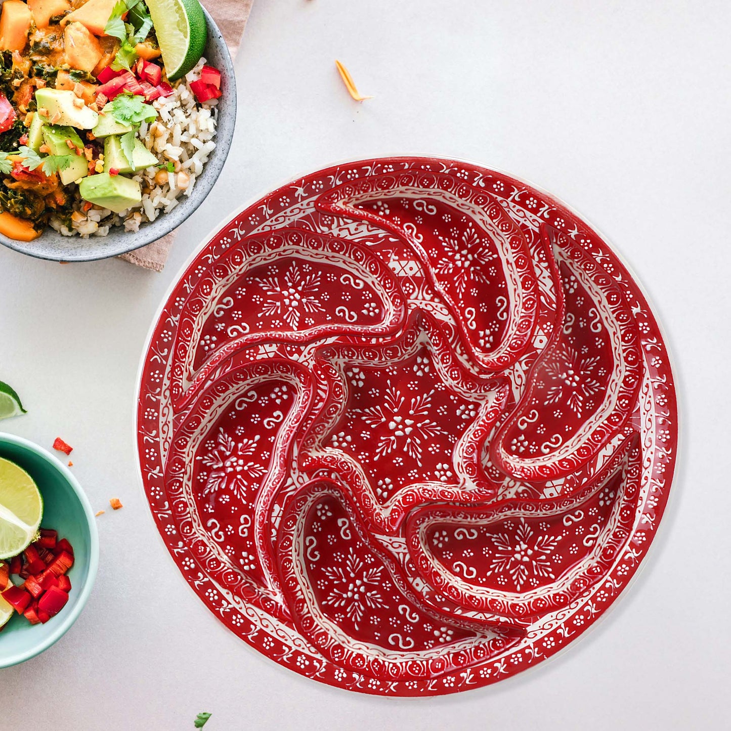 Hand-painted red Turkish ceramic serving tray set, 8-piece platter for snacks, appetizers, dips, and desserts, festive dining table centerpiece