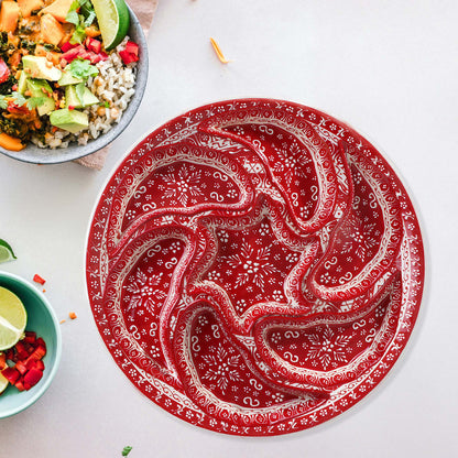 Hand-painted red Turkish ceramic serving tray set, 8-piece platter for snacks, appetizers, dips, and desserts, festive dining table centerpiece