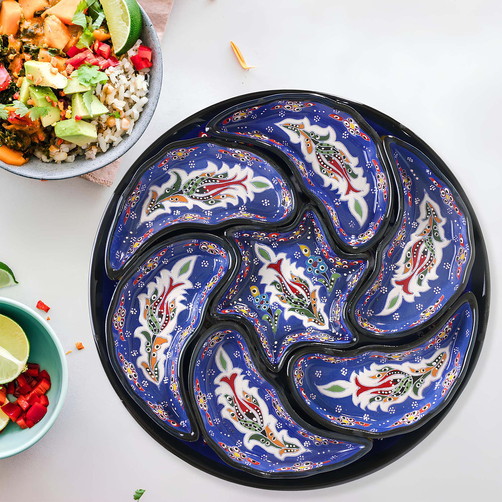 Blue Turkish floral ceramic snack serving tray set, 8-piece handmade platter with multicolor motifs, artisan appetizer and nut dish set