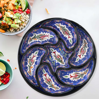 Blue Turkish floral ceramic snack serving tray set, 8-piece handmade platter with multicolor motifs, artisan appetizer and nut dish set