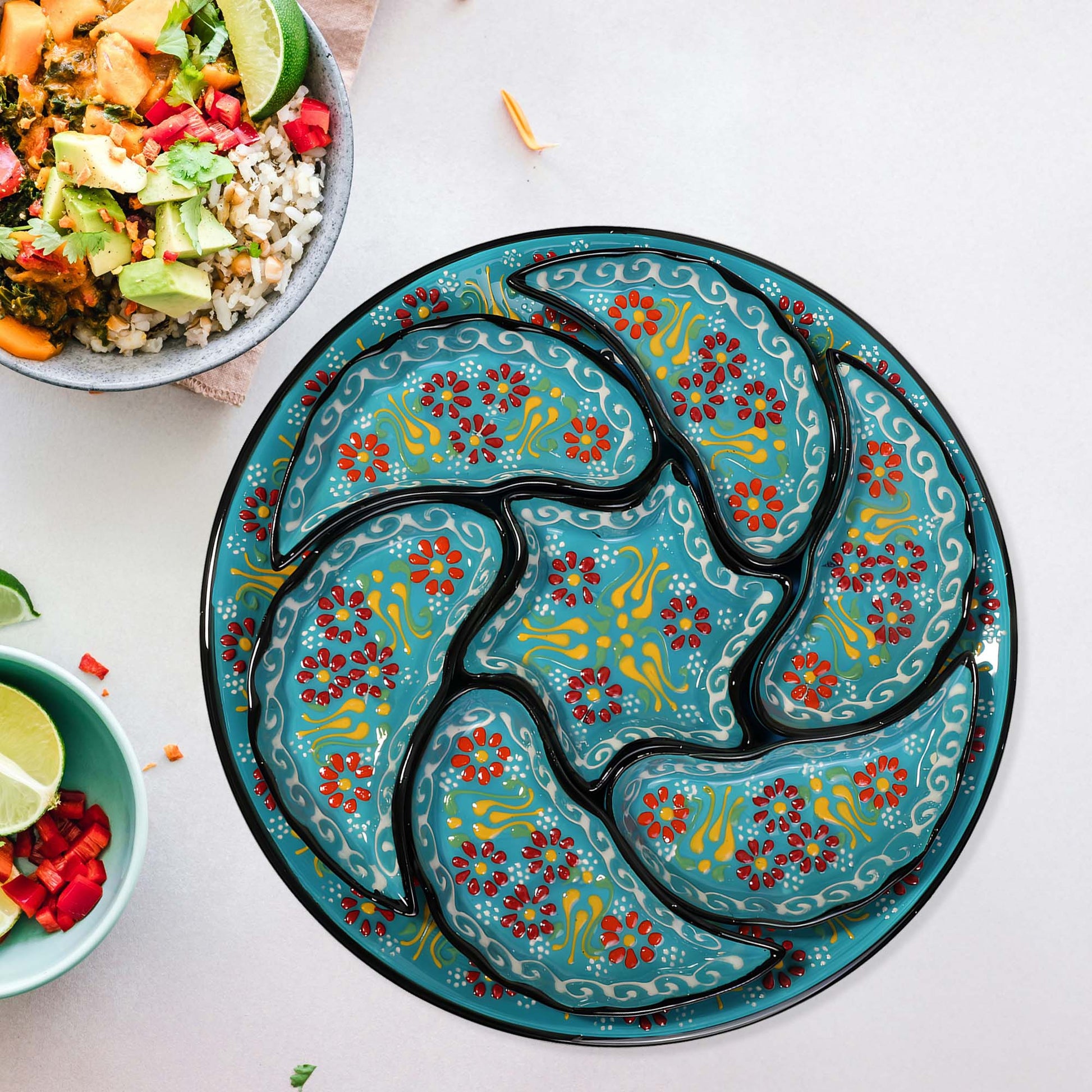 Turquoise Turkish floral ceramic snack serving tray set, 8-piece handmade platter with red and yellow floral motifs, artisan appetizer dish set