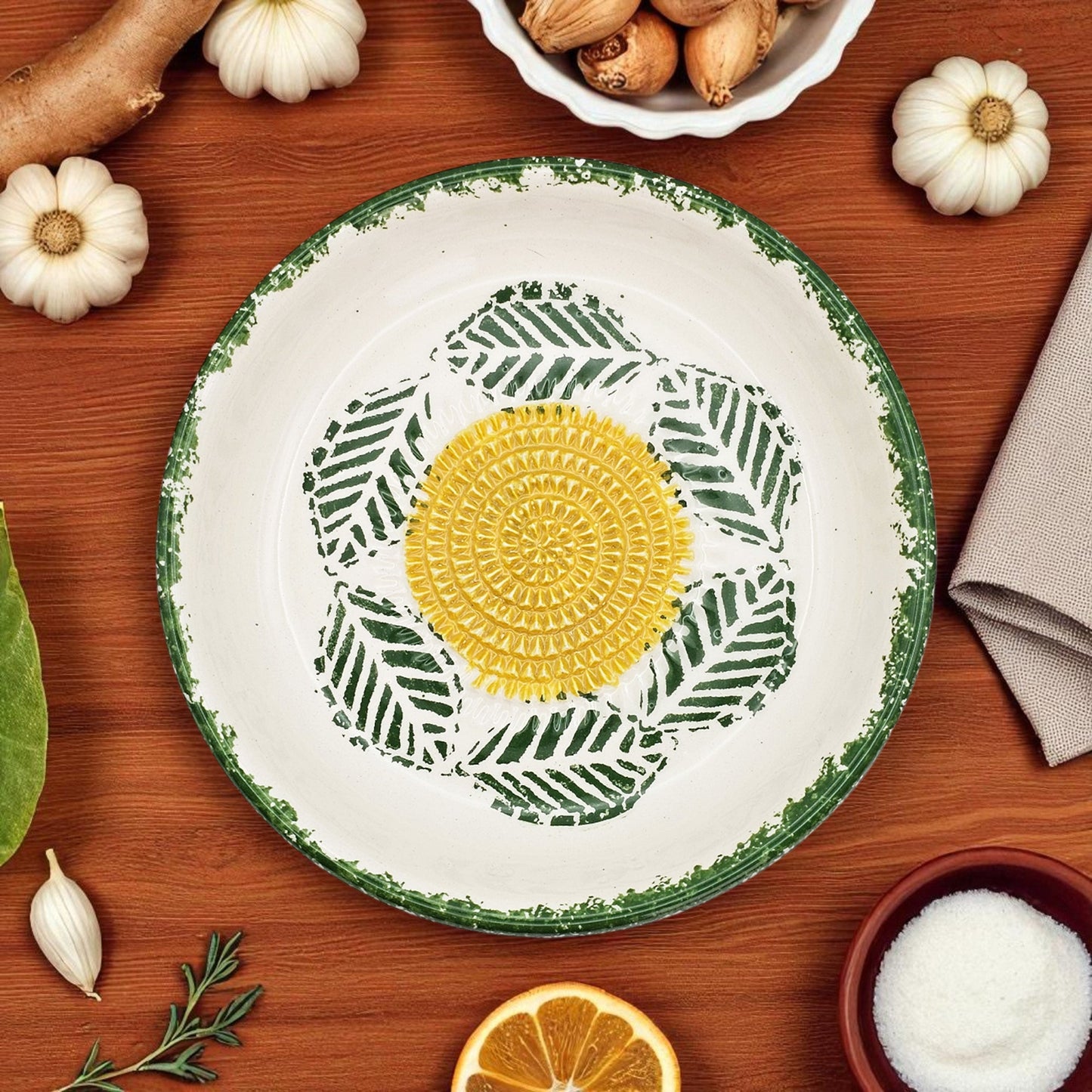 Garlic Grater Bowl, Tropical Green Plate, 7" Ceramic Garlic Grinder, Decorative Grater Bowl