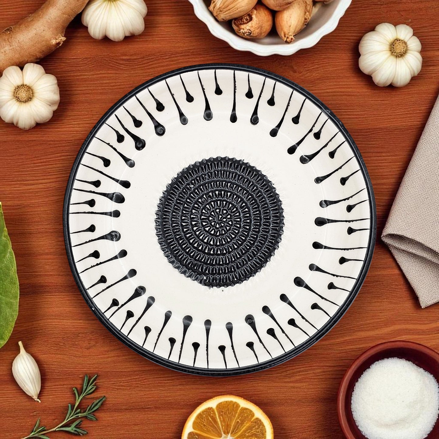 Garlic Grater Bowl, Black Drops Grater Plate, 7" Ceramic Garlic Grinder, Decorative Grater Bowl