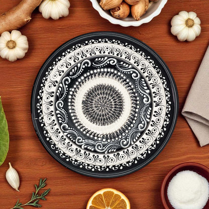 Handmade ceramic garlic grater bowl in Moonlight Maze design. Large 7” size, perfect for garlic, ginger & spices. Elegant monochrome style, dishwasher safe.