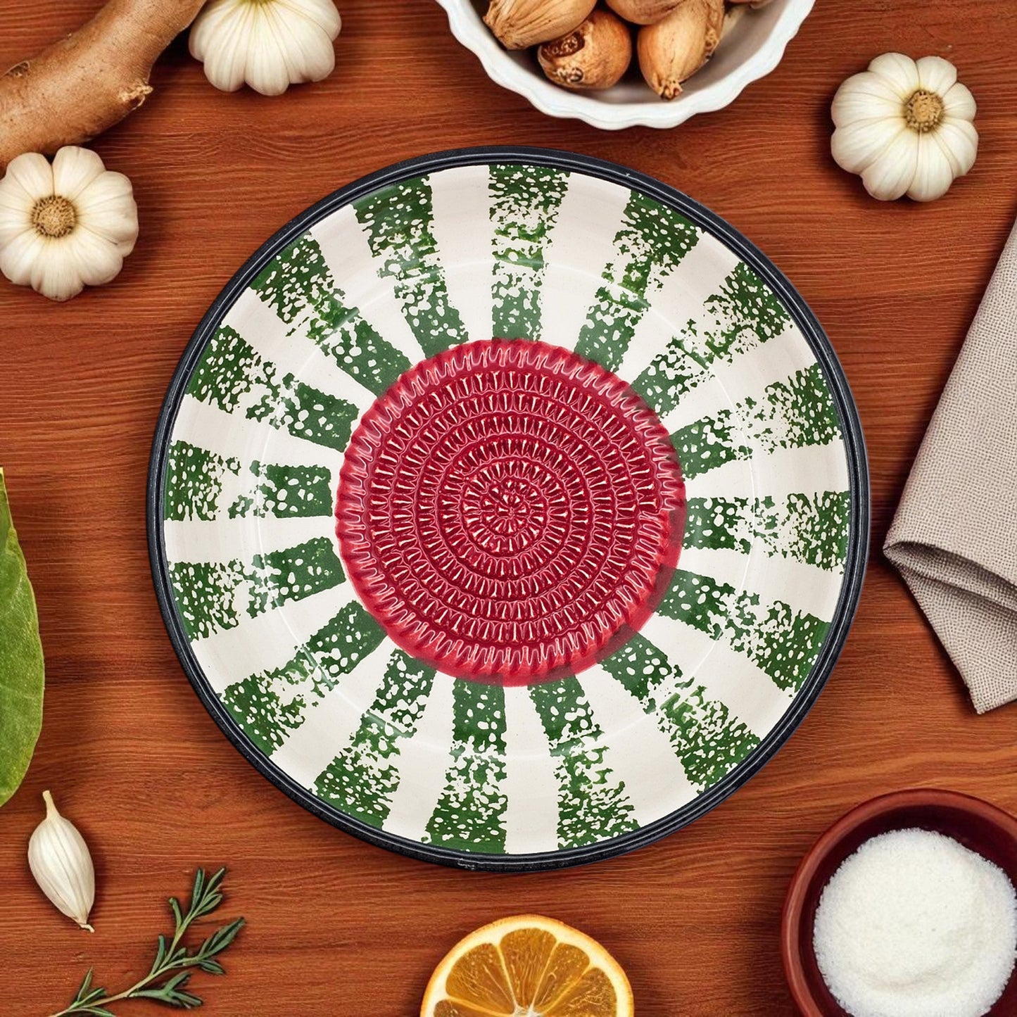 Decorative garlic grater bowl with a red center and green and white pattern on a wooden surface with autumn-themed items.