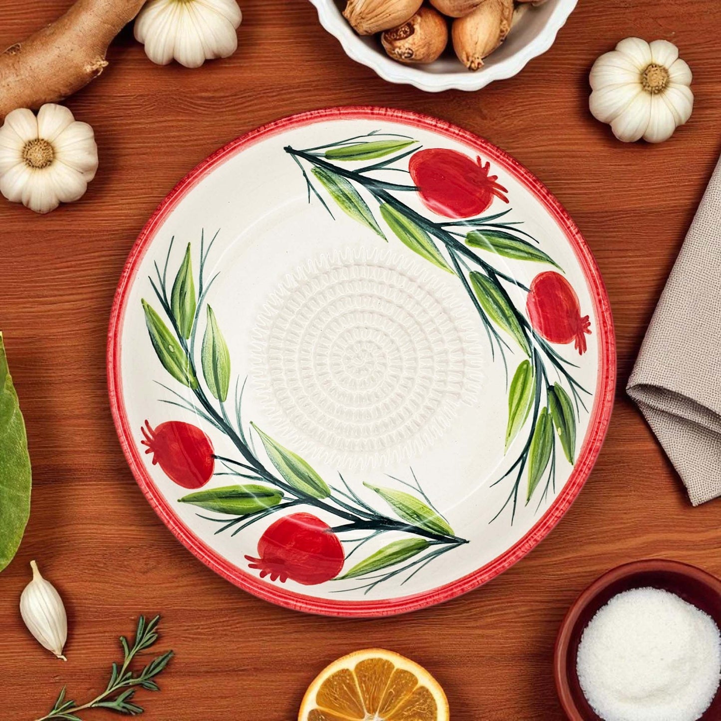 Handmade ceramic garlic grater bowl in Pomegranate Garden design. Large 7” size, perfect for garlic, ginger & spices. Mediterranean artistry, dishwasher safe.