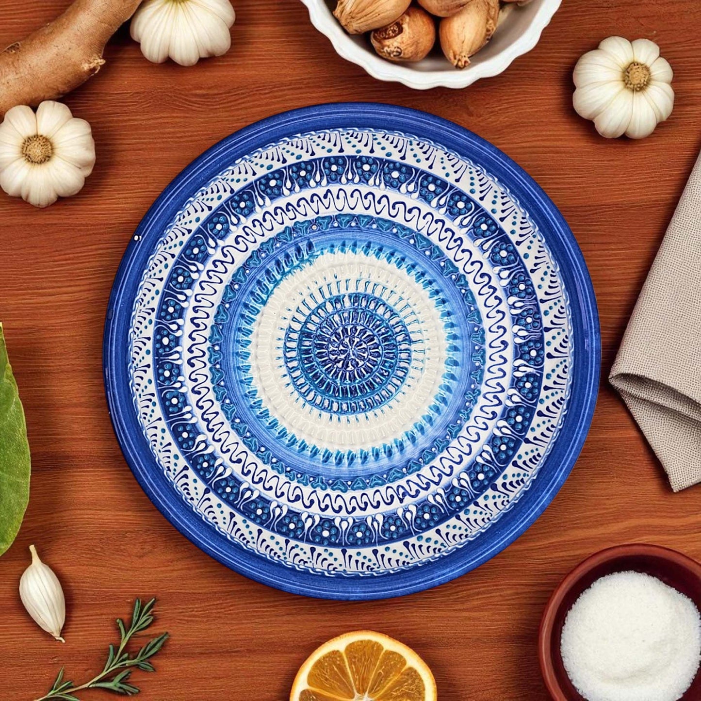 Handmade ceramic garlic grater bowl in Sapphire Dream design. Large 7” size, perfect for garlic, ginger & spices. Mediterranean blue artistry, dishwasher safe.