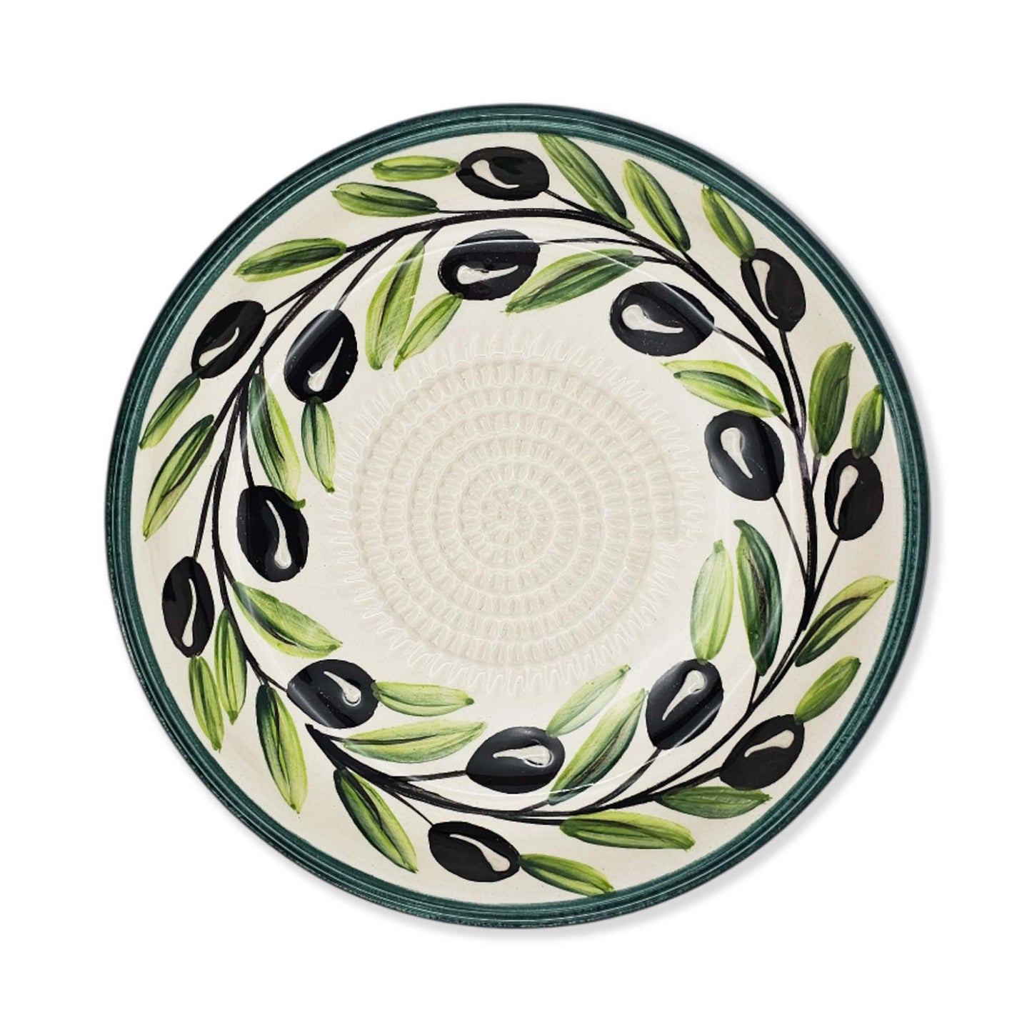 Ceramic garlic grater bowl with olive design on a white background