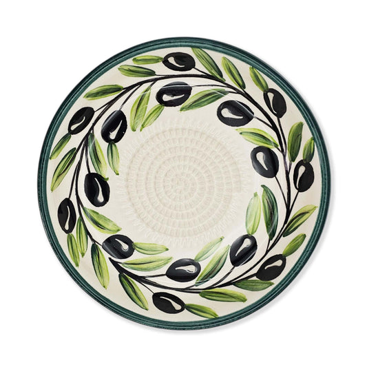 Ceramic garlic grater bowl with olive design on a white background