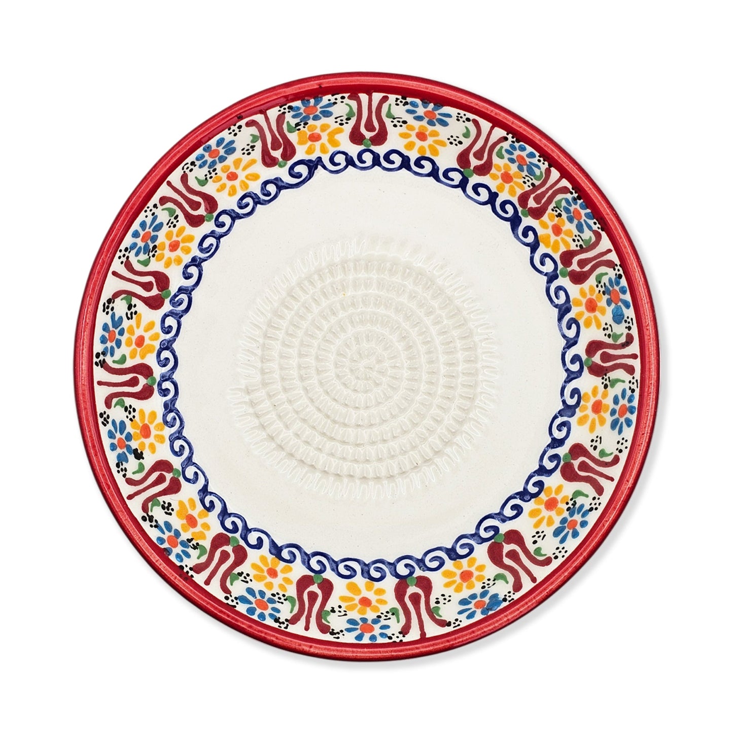 Decorative garlic grater bowl with colorful floral pattern on a white background