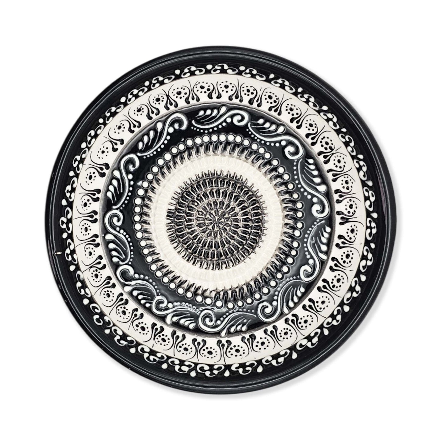 Handmade ceramic garlic grater bowl in Moonlight Maze design. Large 7” size, perfect for garlic, ginger & spices. Elegant monochrome style, dishwasher safe.