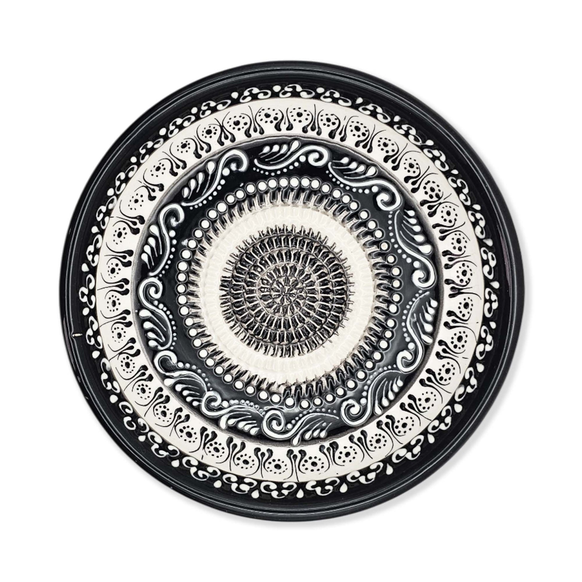 Handmade ceramic garlic grater bowl in Moonlight Maze design. Large 7” size, perfect for garlic, ginger & spices. Elegant monochrome style, dishwasher safe.