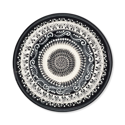 Handmade ceramic garlic grater bowl in Moonlight Maze design. Large 7” size, perfect for garlic, ginger & spices. Elegant monochrome style, dishwasher safe.