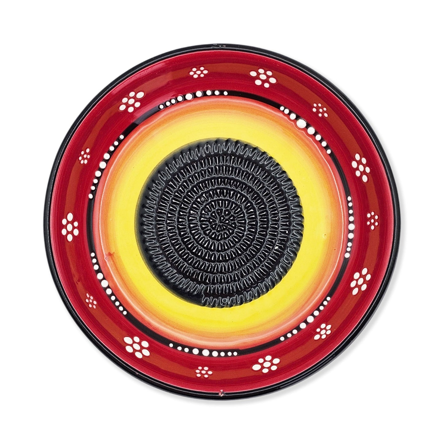 Decorative garlic grater bowl with red, yellow, and black design on a white background
