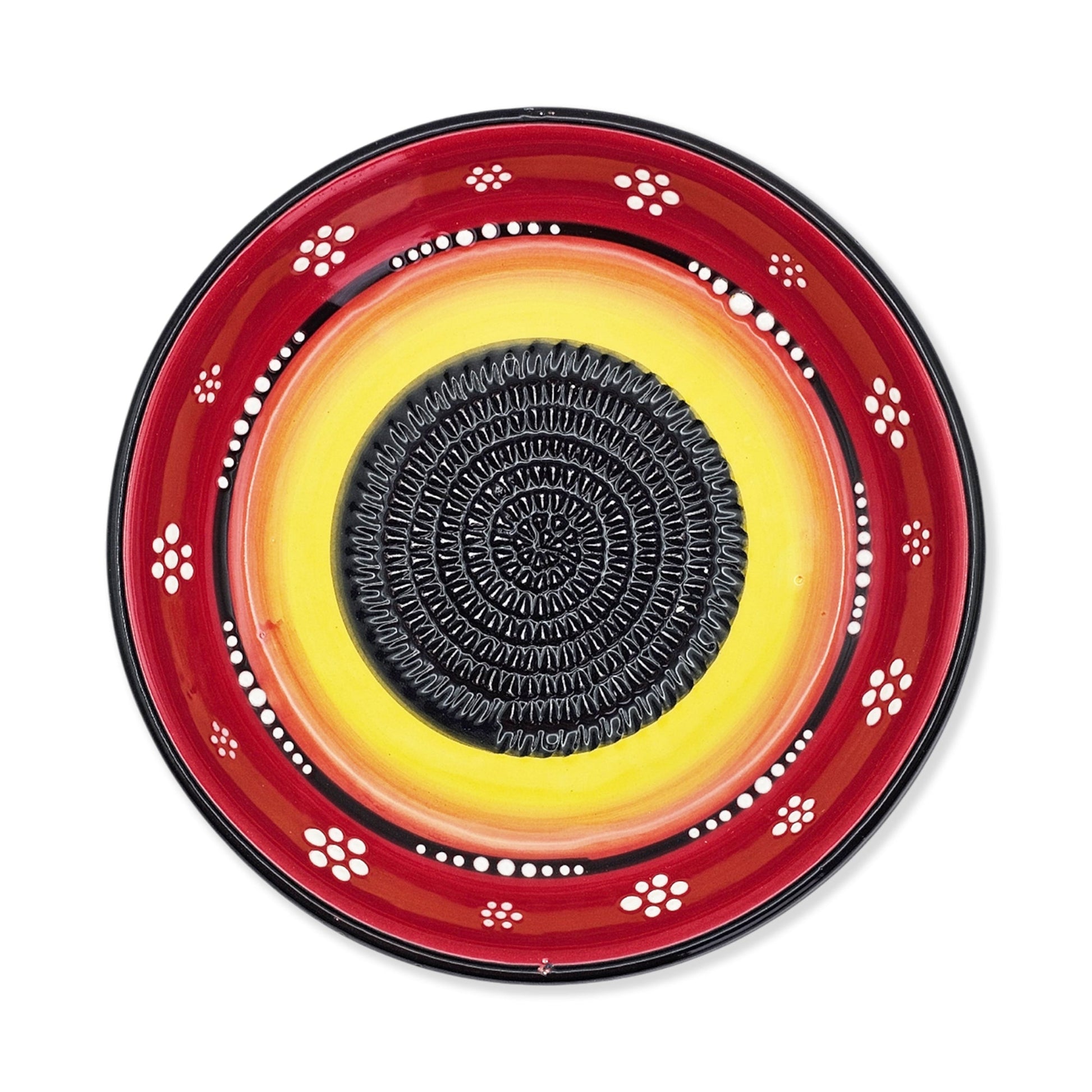 Decorative garlic grater bowl with red, yellow, and black design on a white background