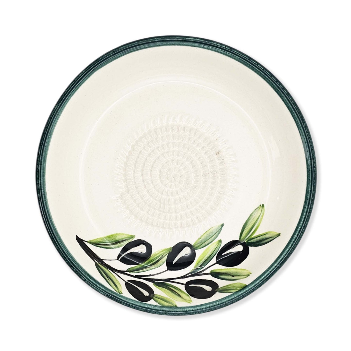 Ceramic garlic grater bowl with olive design on a white background