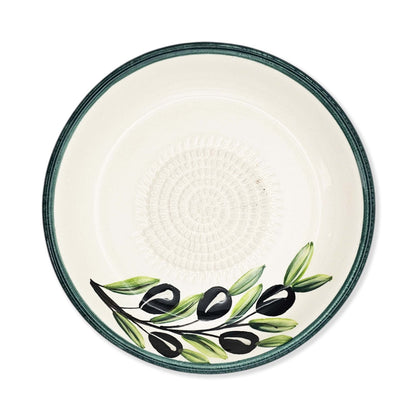 Ceramic garlic grater bowl with olive design on a white background