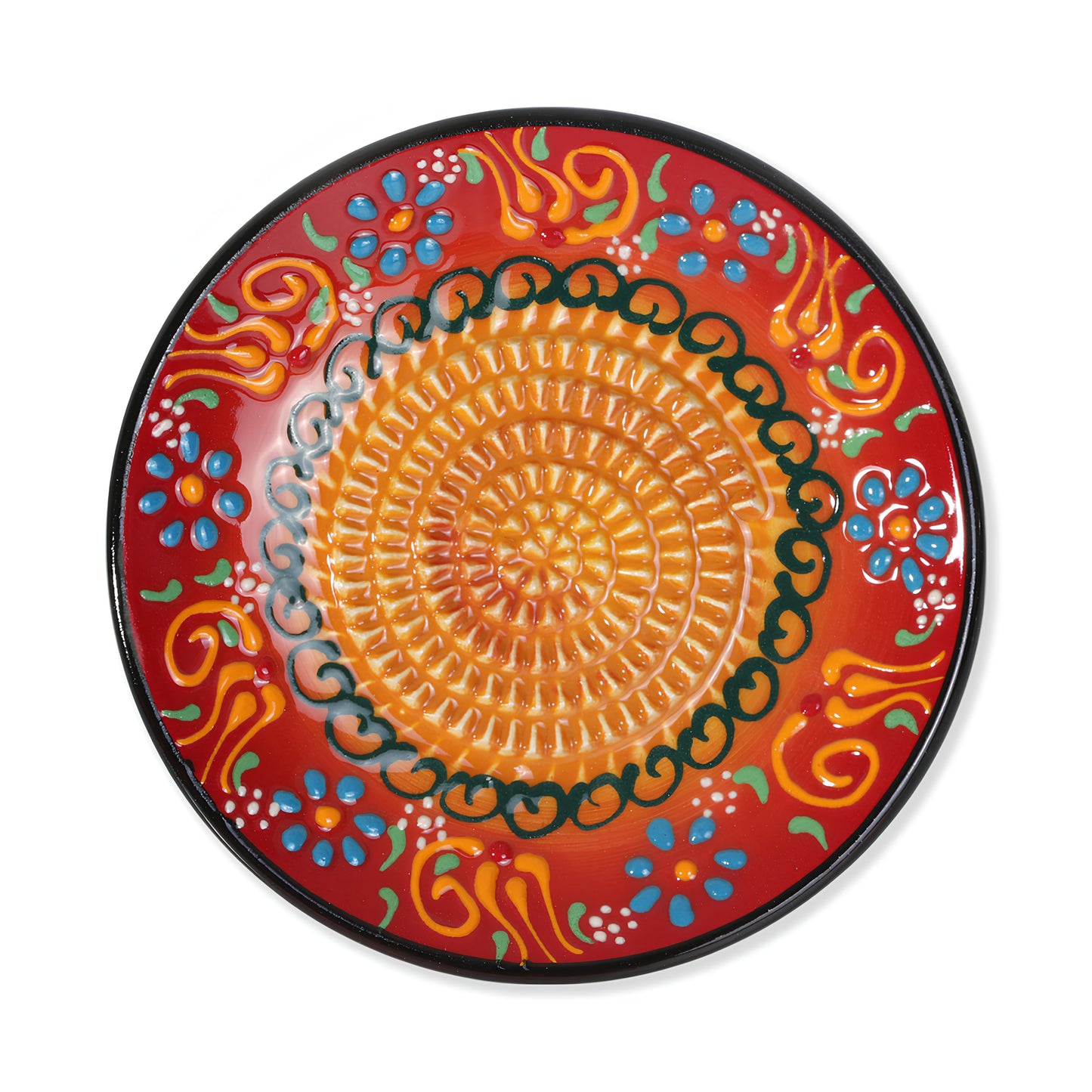 Decorative ceramic garlic grater plate with colorful floral patterns on a red background