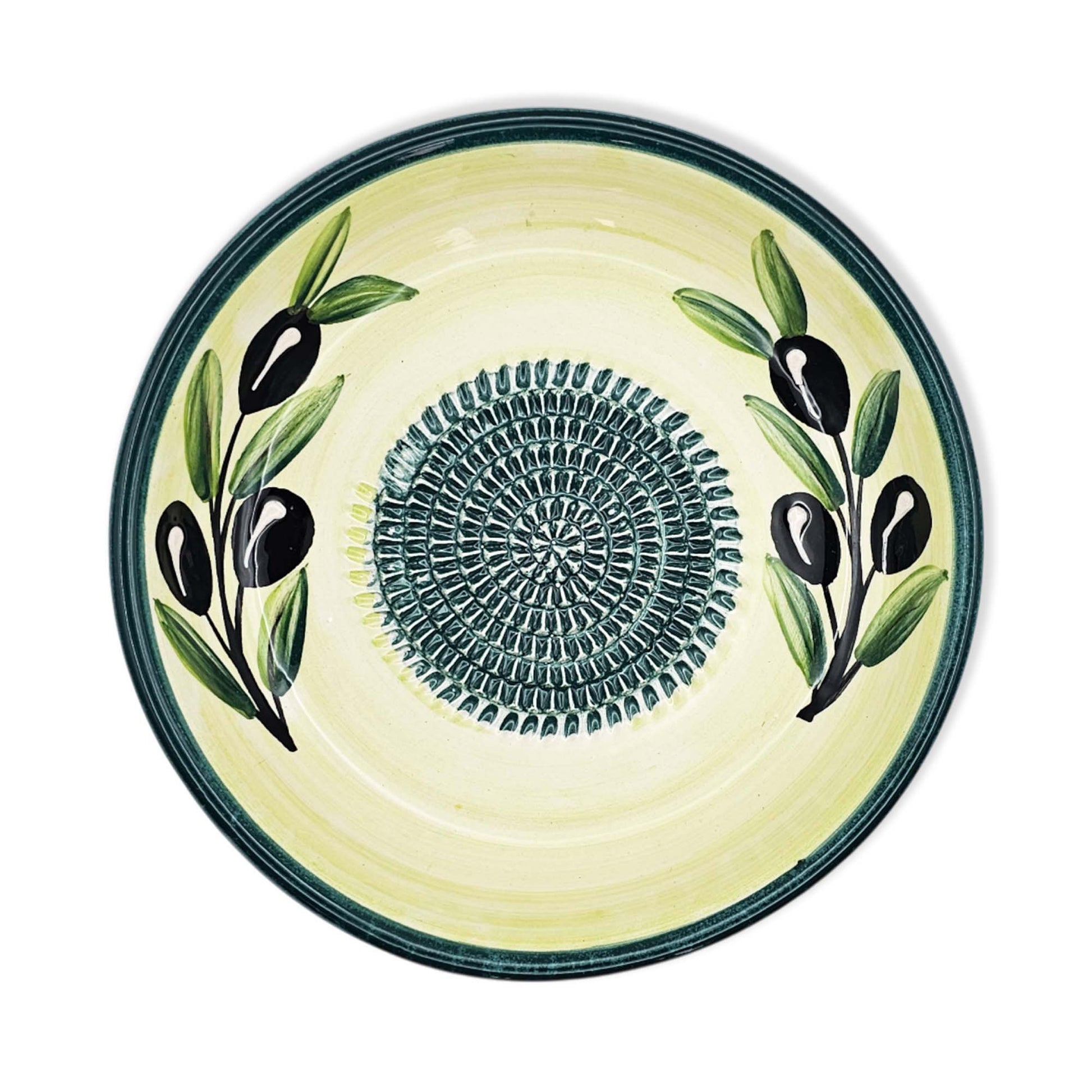 Ceramic garlic grater bowl with olive design on a white background