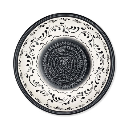 Handmade ceramic garlic grater bowl in Monochrom Swirl design. Large 7” size, perfect for garlic, ginger & spices. Minimalist artisan style, dishwasher safe.