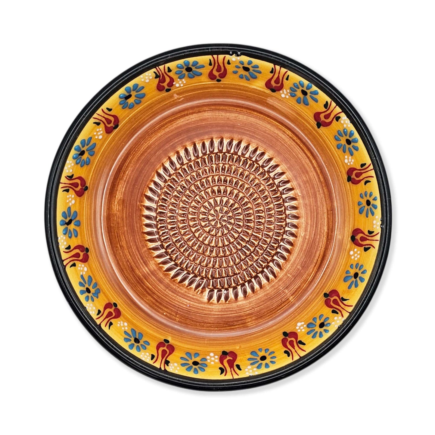 Handmade ceramic garlic grater bowl in Saffron Petals design. Large 7” size, perfect for garlic, ginger & spices. Bright artisan style, dishwasher safe.