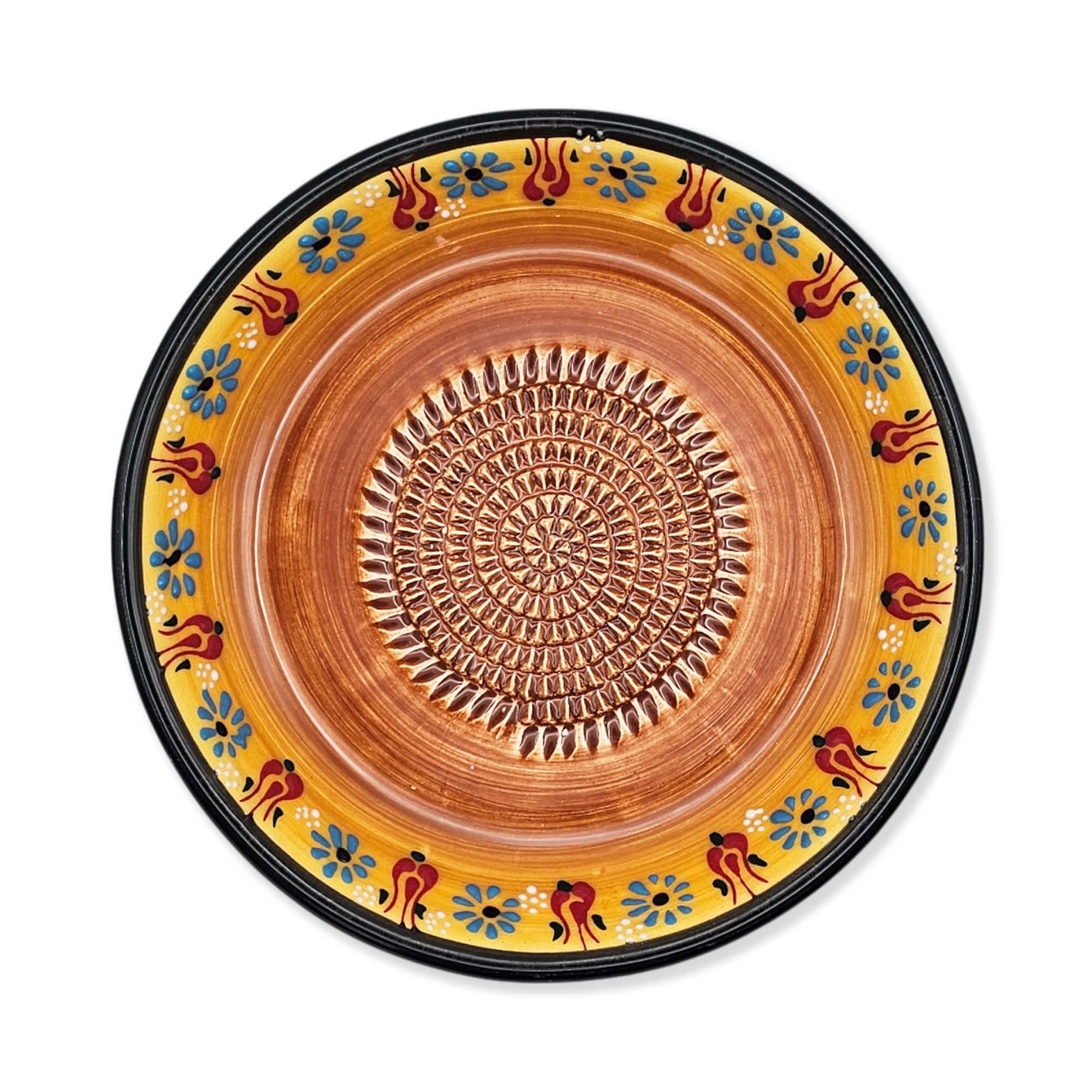 Handmade ceramic garlic grater bowl in Saffron Petals design. Large 7” size, perfect for garlic, ginger & spices. Bright artisan style, dishwasher safe.