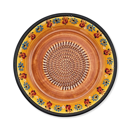 Handmade ceramic garlic grater bowl in Saffron Petals design. Large 7” size, perfect for garlic, ginger & spices. Bright artisan style, dishwasher safe.