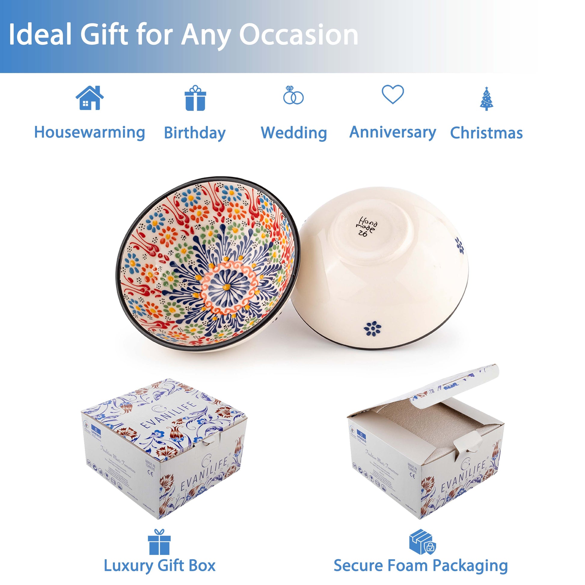 Decorative ceramic bowls with floral patterns, a box, and packaging on a white background with text indicating occasions and gift elements.