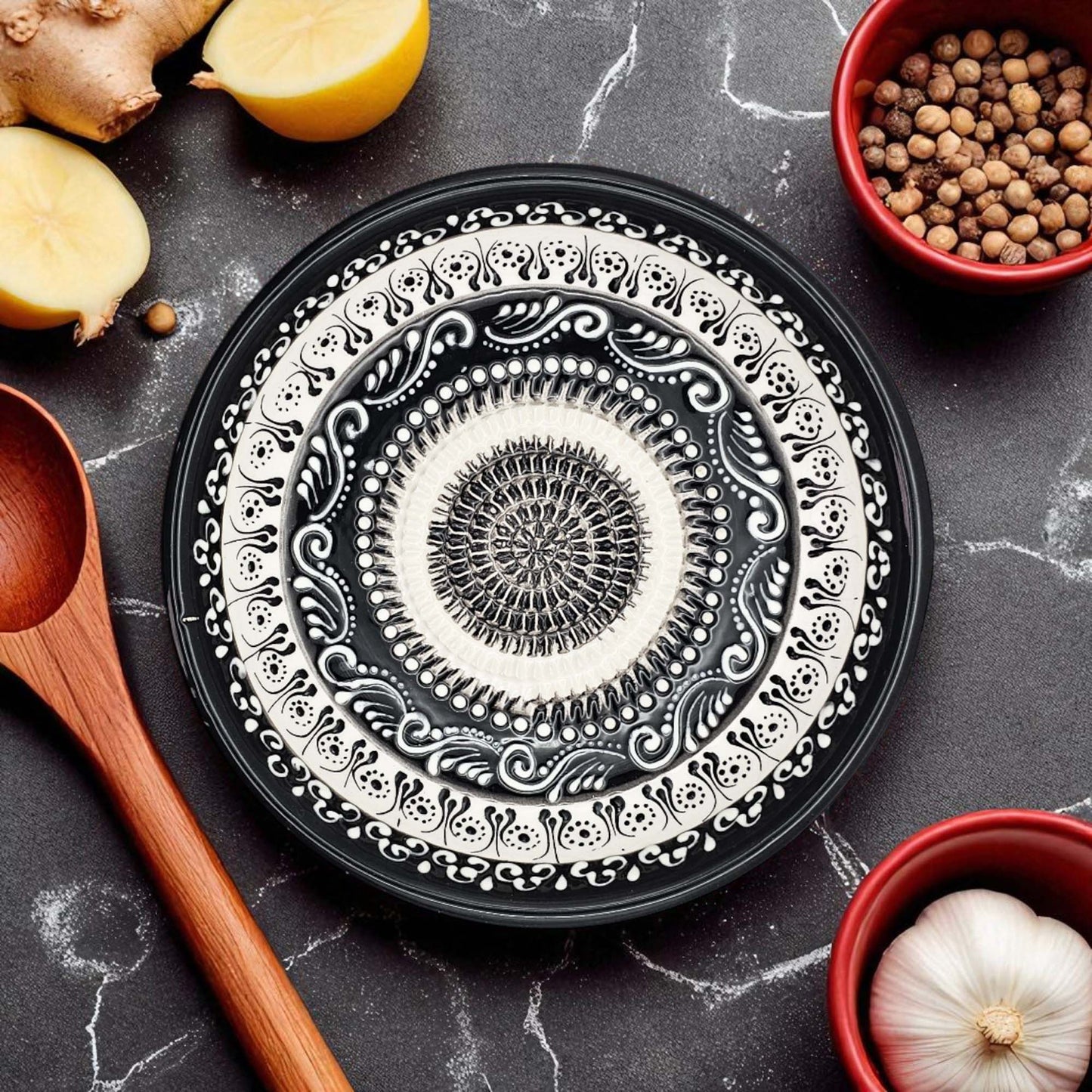 Handmade ceramic garlic grater bowl in Moonlight Maze design. Large 7” size, perfect for garlic, ginger & spices. Elegant monochrome style, dishwasher safe.