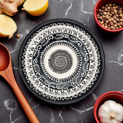Handmade ceramic garlic grater bowl in Moonlight Maze design. Large 7” size, perfect for garlic, ginger & spices. Elegant monochrome style, dishwasher safe.