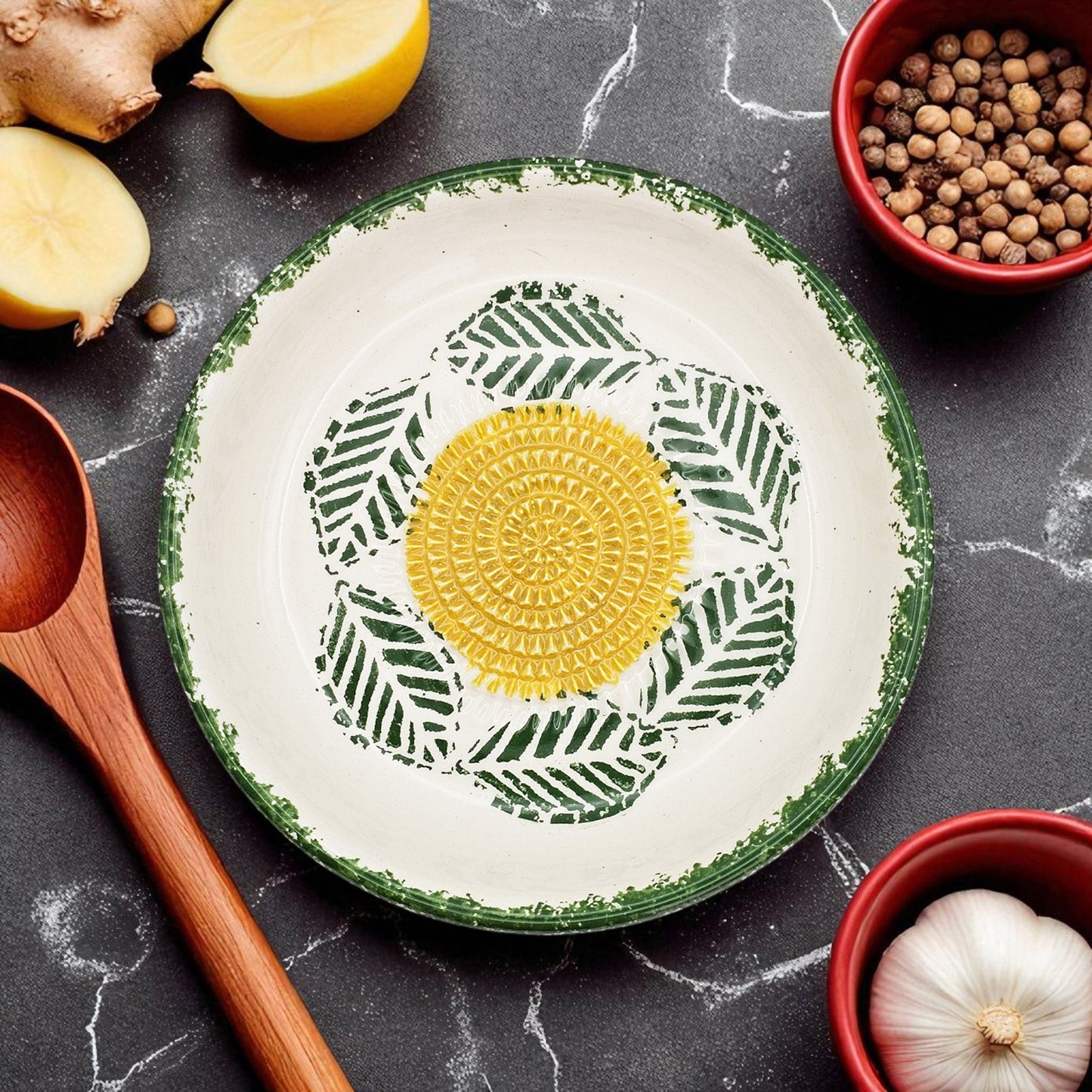 Garlic Grater Bowl, Tropical Green Plate, 7" Ceramic Garlic Grinder, Decorative Grater Bowl