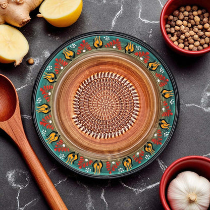 Garlic Grater Bowl, Green Petals Design Grater Plate, 7" Ceramic Garlic Grinder Bowl