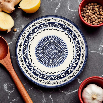 Handmade ceramic garlic grater bowl in Marine Vines design. Large 7” size, perfect for garlic, ginger & spices. Elegant artisan style, dishwasher safe.