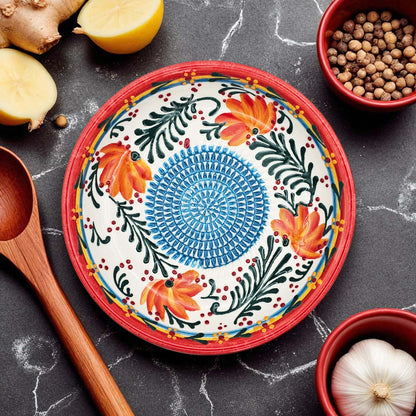 Handmade ceramic garlic grater bowl in Coral Garden design. Large 7” size, perfect for garlic, ginger & spices. Vibrant floral style, dishwasher safe.