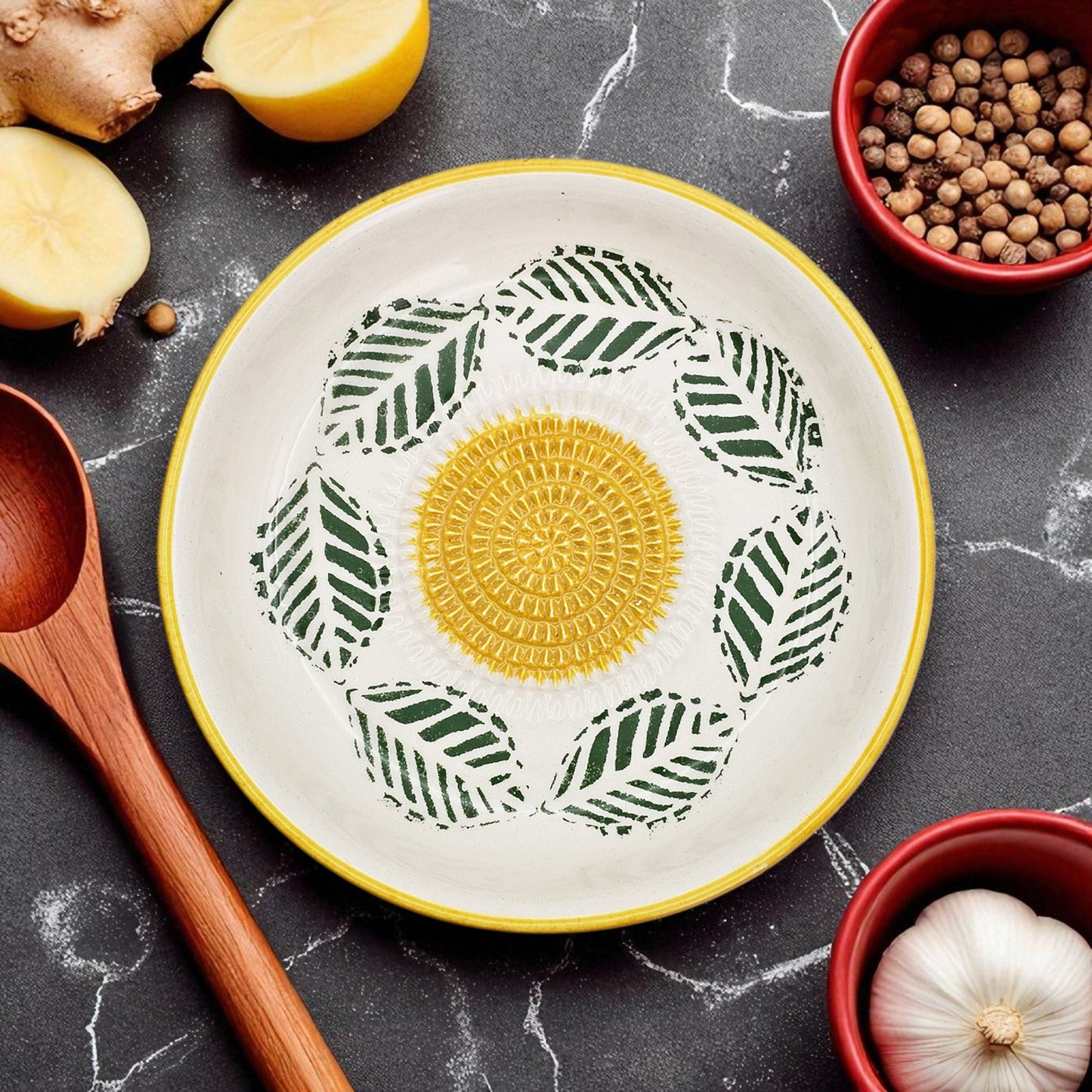 Decorative ceramic garlic grater bowl with geometric design on a dark surface with kitchen items.