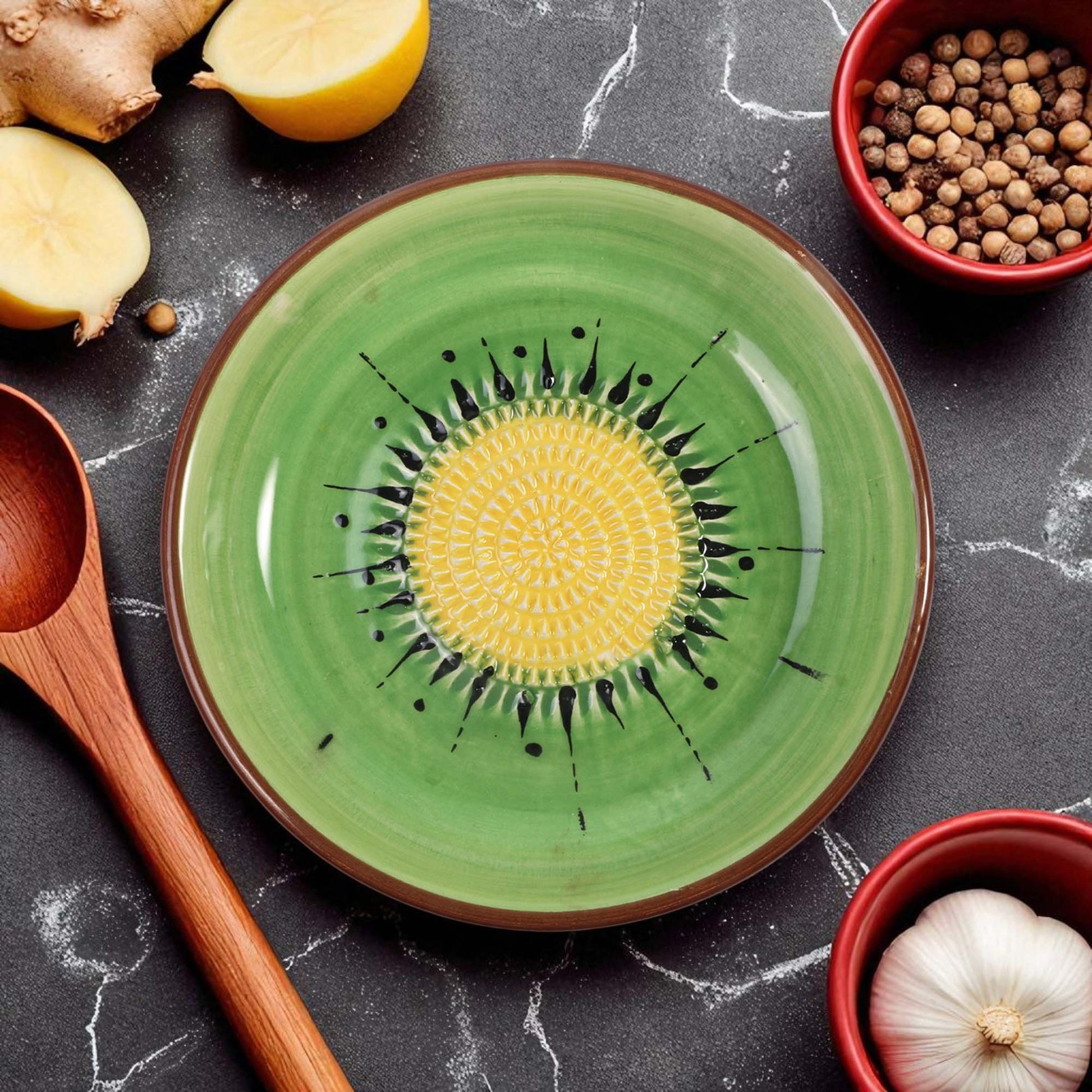 Green ceramic garlic grater bowl with yellow center on a dark surface with kitchen items