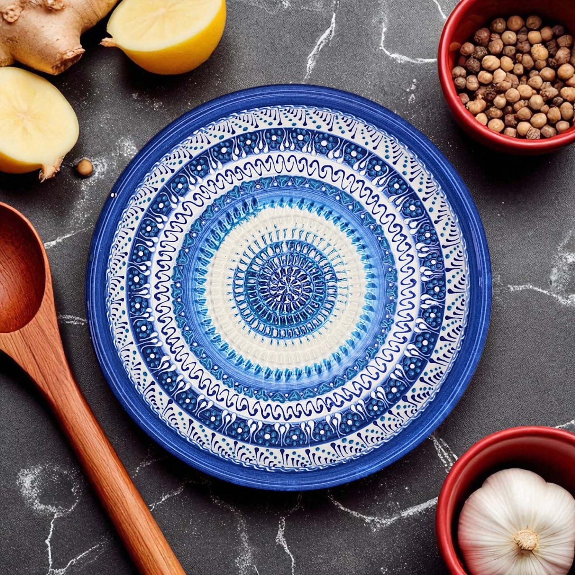 Handmade ceramic garlic grater bowl in Sapphire Dream design. Large 7” size, perfect for garlic, ginger & spices. Mediterranean blue artistry, dishwasher safe.