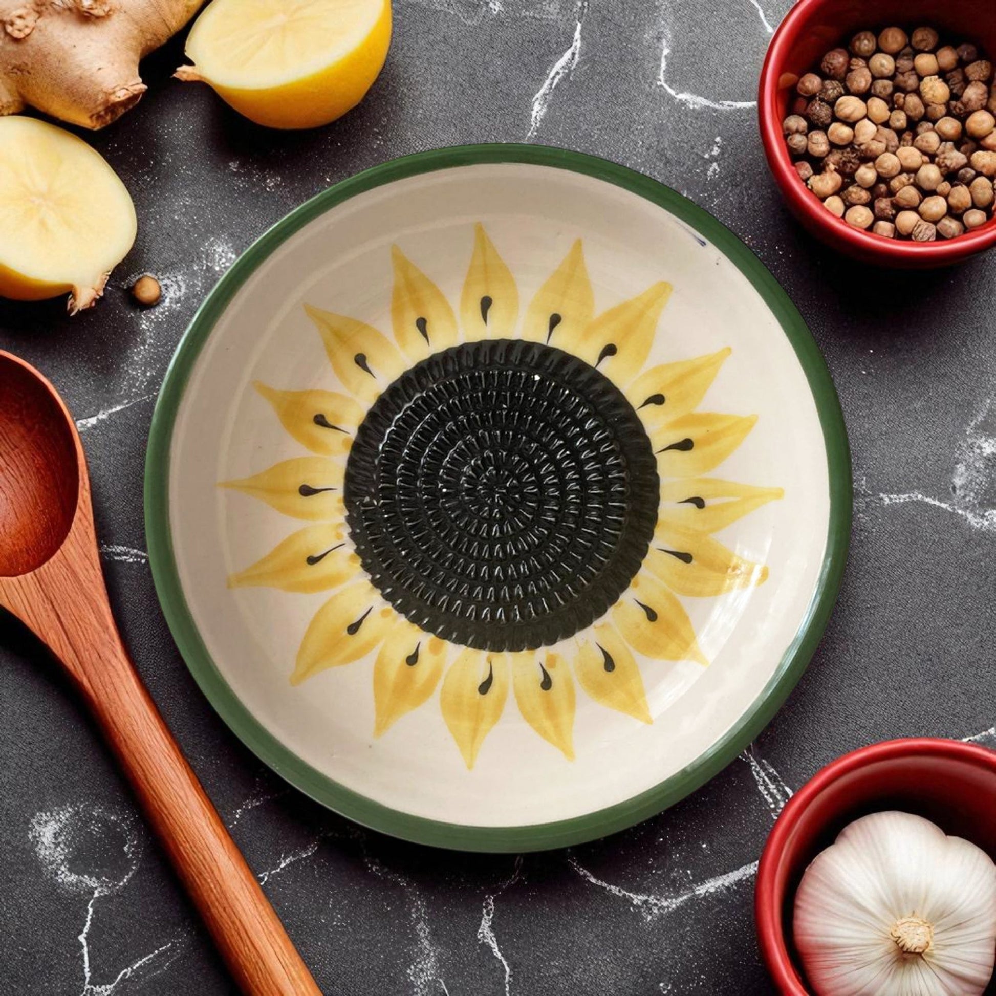Ceramic garlic grater bowl with sunflower design on a dark surface with kitchen items.