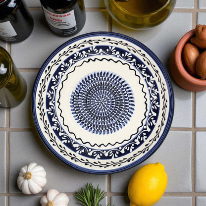 Handmade ceramic garlic grater bowl in Marine Vines design. Large 7” size, perfect for garlic, ginger & spices. Elegant artisan style, dishwasher safe.