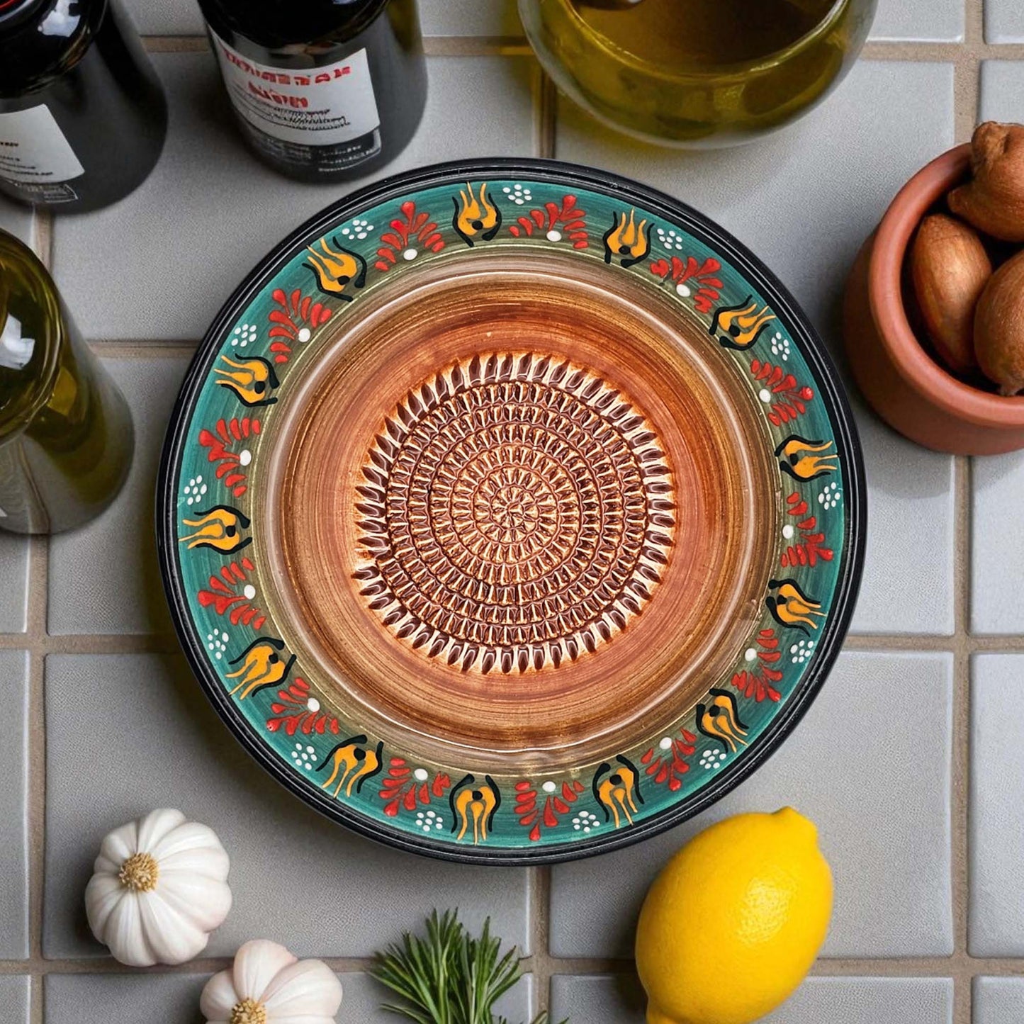 Garlic Grater Bowl, Green Petals Design Grater Plate, 7" Ceramic Garlic Grinder Bowl